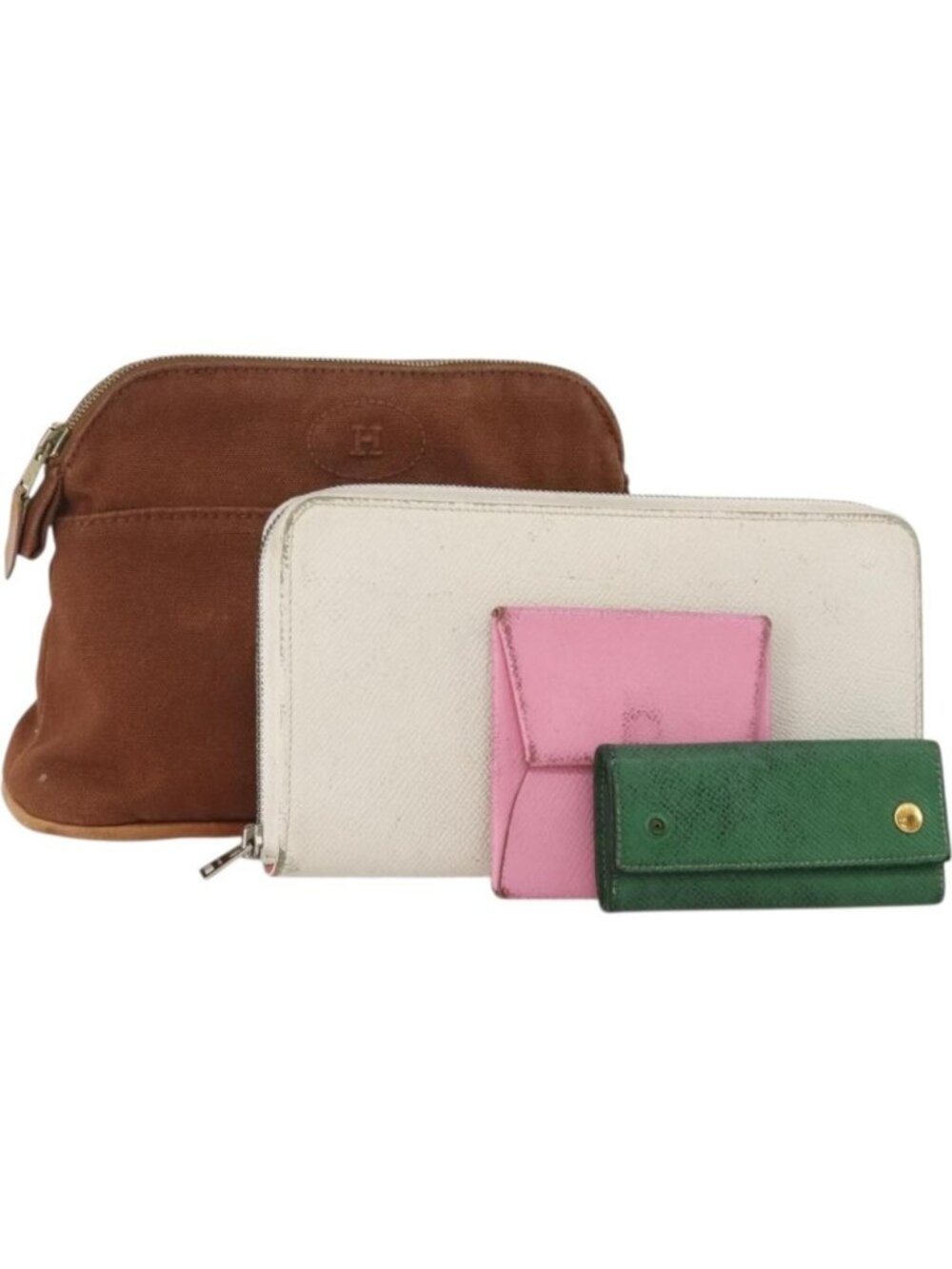 HERMES Wallet Leather Canvas 4 Set White Pink Green